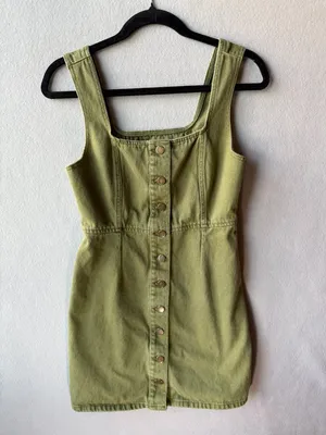 Urban Outfitters Olive Green Denim Mini Dress Size 6 Button Front Cotton Cottage thumbnail 2