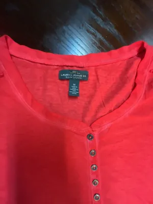 Lauren Jeans Co. Ralph Lauren Women's Red Henley Shirt with Crochet Shoulder Det thumbnail 2