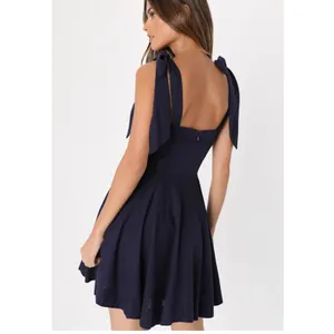 Lulus Navy Blue‎ Linen Blend Tie Shoulder Fit Flare Mini Dress Large NWT New thumbnail 2