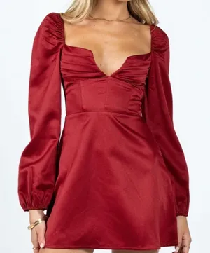 Princess Polly Della Long Sleeve Mini Dress Burgundy Ruched NWT Size‎ 4 thumbnail 1