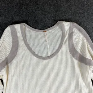 Free People Womens Waffle Knit Thermal Scoop Neck Top‎ Cream Taupe Medium thumbnail 2