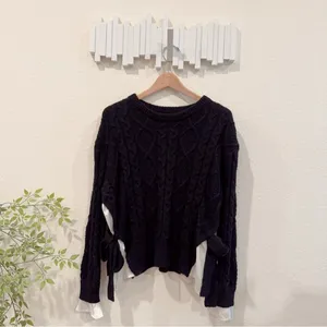 Jacquie The Label RENF Cable Knit Faux Layered Side Tie Black Sweater Pullover thumbnail 3