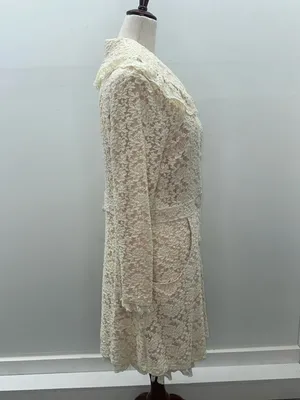 SassyBling Womens Medium Cream Floral Lace Duster Pea Coat Ruffle Coquette thumbnail 4