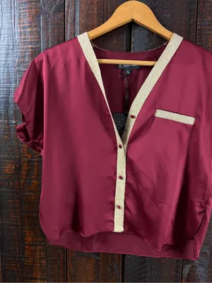 INC Burgundy Satin Blouse Pajama Top XS thumbnail 5