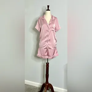 Pink Satin Pajama Set by Kennedy Blue, Button Front Shirt and Shorts size Medium thumbnail 8