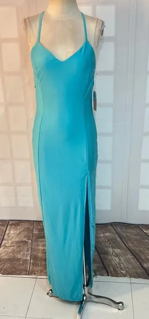 Blashe NWT Turquoise Halter Stretch Satin Crisscross Open Back Long Gown Medium thumbnail 1