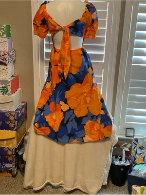 Backless Puff-Sleeve Floral Midi Dress - Orange & Blue thumbnail 3
