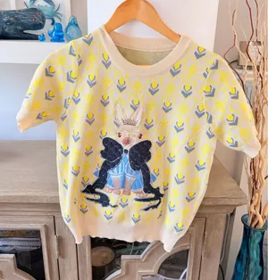 Unbranded Rabbit Embroidery‎ Short Sleeve Sweater Women Yellow Size M thumbnail 1