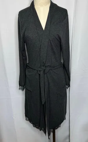 Victoria's Secret Wrap Robe M/L Charcoal Gray Lace Trim Belted thumbnail 2