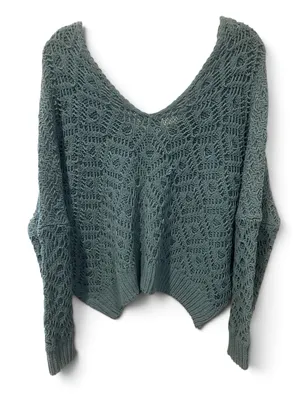 POL S Oversized V-Neck Knit Sweater in Teal thumbnail 3