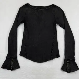 We The Free Free People Black Ribbed Bell Sleeve Top Button Cuff‎ Size M thumbnail 1