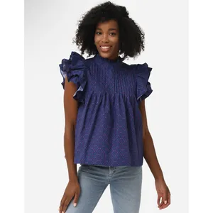OLIPHANT Tuckernuck Pintuck Ruffle Button Blouse Top Blue‎ Print Size XS thumbnail 2