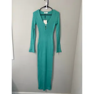 NWT KAIIA x ASOS Exclusive Plunge V-Neck Flared Sleeve Maxi Dress Cyan S thumbnail 2