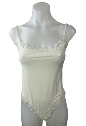 Suuksess Women's Cream Lace Trim Thong Cami Camisole Tank Bodysuit Top Size M thumbnail 1