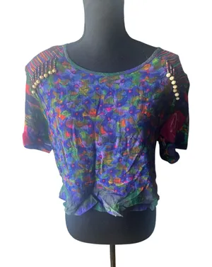 Vintage Carole Little Beaded Fringe Blouse Abstract Floral Size 14 thumbnail 1
