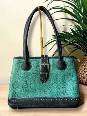 Trinity Ranch Embossed Turquoise Western Satchel Handbag Studded Purse thumbnail 1