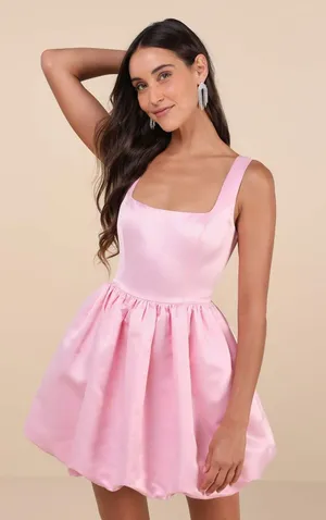 NWT Lulus Regal Cutie Light Pink Satin Square Neck Bubble-Hem Mini Dress Size M thumbnail 1