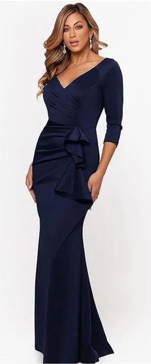 NEW XSCAPE Evening Long Gown Navy Blue Ruffle Formal Dress Elegant Womens Sz 10 thumbnail 1