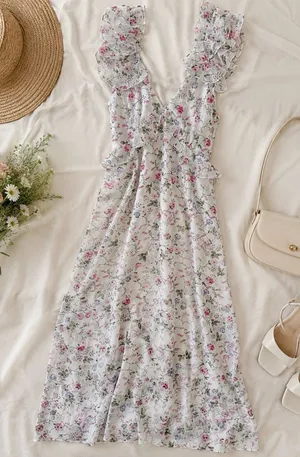 Audrey Parks Floral Ruffle V-Neck Maxi Dress in White with Pink & Green Print thumbnail 1