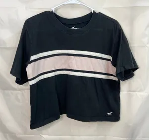 Hollister‎ women's black striped cropped short sleeve relaxed casual shirt tee S thumbnail 1