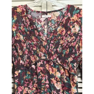 Maurices Burgundy/Green Floral Long‎ Sleeve Smocked V Neck Ruffle Blouse Size M thumbnail 2