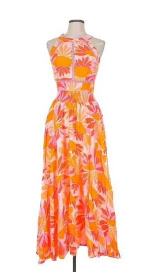 NWT Abel The Label Charlie in Pink Orange Floral Open Tie Back Midi Dress L thumbnail 1