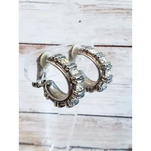 Vintage Clip On Earrings - Elongated Thick Hoops with Gems - Tarnished thumbnail 4