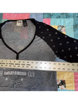 Harley-Davidson Woman’s XL Rhinestone Raglan Henley Top Gray Black Star Sleeves thumbnail 6