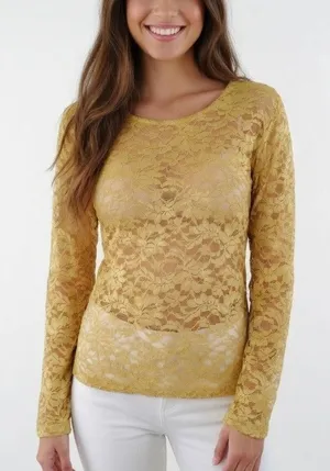 Anthropologie Mustard Yellow Sheer Lace Long Sleeve Top Shirt XS thumbnail 1