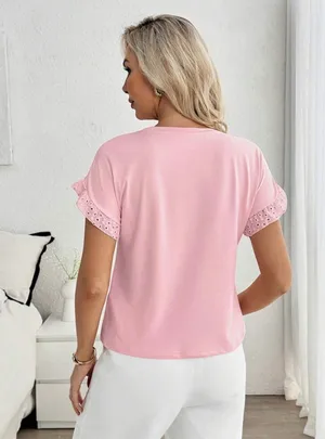 Women's elegant Pink blouse Short Sleeve Top thumbnail 2