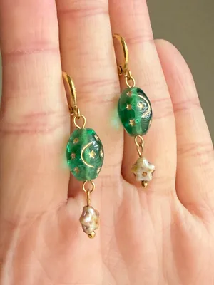 Handmade boho vintage goth grunge fairy whimsical style quality Czech glass moon/star beads stainless earrings🌝🌠💚⭐️ thumbnail 2