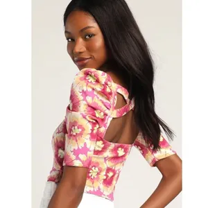 FREE PEOPLE Give Me‎ More Floral Crop Top Puff Sleeve Crisscross Back Small thumbnail 3