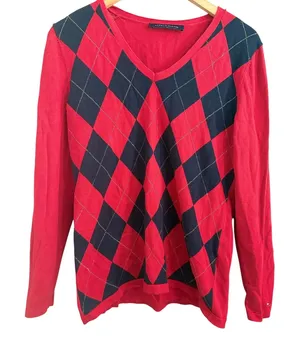 Tommy Hilfiger Women's‎ Red Navy Argyle V Neck Sweater Long Sleeve M thumbnail 1