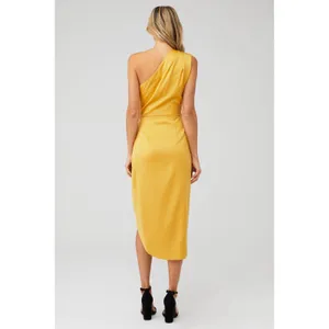 Elliatt Cassini One Shoulder Dress Size Medium Yellow Turmeric Draped Midi Satin thumbnail 3