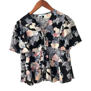 Kimichi Blue black floral tie front short sleeved top thumbnail 1