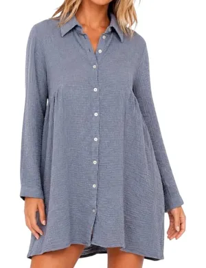 Zara‎ Slate Blue Grey Textured Cotton Gauze Button Down Shirt Dress Oversized M thumbnail 1