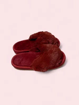 Cozy Faux Fur Cross-Band Slides - Burgundy thumbnail 4