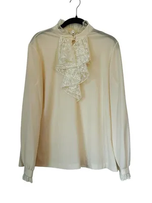 Vintage Women’s Victorian Blouse Cream Lace Ruffles Neck Edwardian Regency thumbnail 1