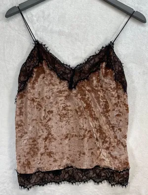 Bershka Velvet Cami Top Lace Trim Spaghetti Strap Brown Tank Top‎ Size S - flaw thumbnail 1