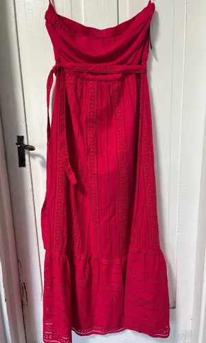 NWT Strapless crochet red pink maxi dress size Large thumbnail 1