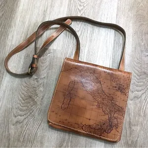 Patricia Nash Italian Leather Brown Old World Map Print Crossbody Bag Purse thumbnail 1
