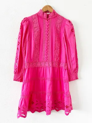 Alice + Olivia Clark Pink Embroidered Crochet Lace Tiered Mini Dress thumbnail 3