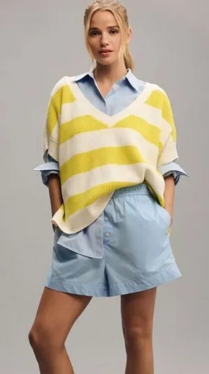 Anthropologie Maeve V Neck Sweater Tee Oversized Yellow Striped Size Extra Small thumbnail 1