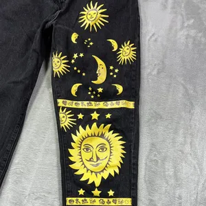 Womens M Graphic Yellow Sun Moon Stars Denim Black Straight Jeans Boho thumbnail 3