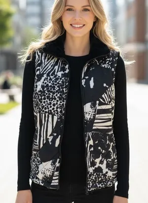 Puffer Vest Faux Fur Lined SM Black White Pockets Quilted Animal Print Multiples thumbnail 1