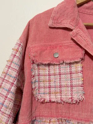 POL Pink Tweed Shirt Jacket Size Medium Shacket Patchwork Boho thumbnail 5