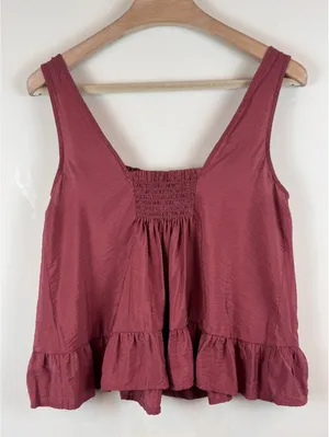 Maeve Anthropologie Smocked Ruffle Hem Swing Tank Top Burgundy Mauve Size M thumbnail 8