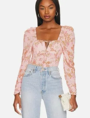 Free People Hilary Printed Top Womens M Pink Floral Ruched Puff Sleeve Smocked thumbnail 1