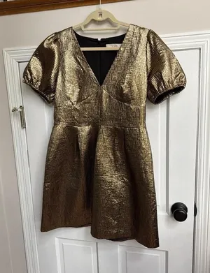 LOFT gold‎ metallic puff sleeve dress features a deep V-neckline and textured 8 thumbnail 1