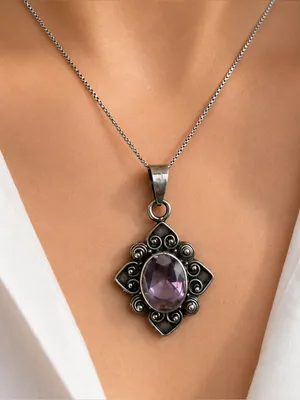 Estate Art Deco Style Sterling silver Pendant with Purple Quartz Faceted Stone thumbnail 1